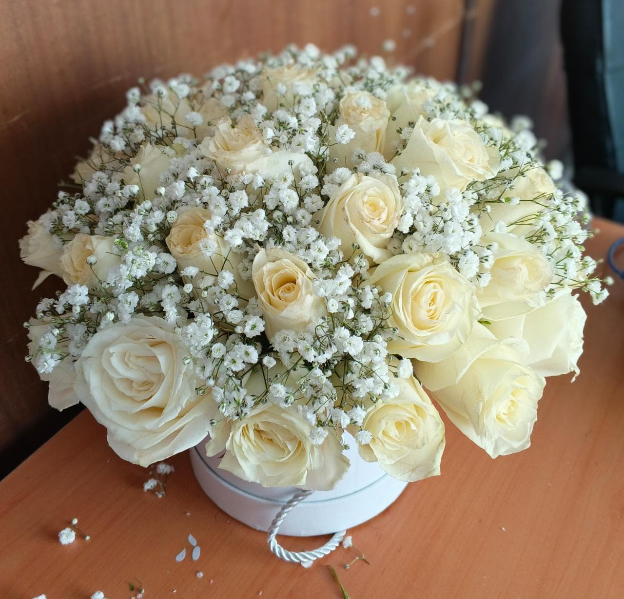 All white box boquet